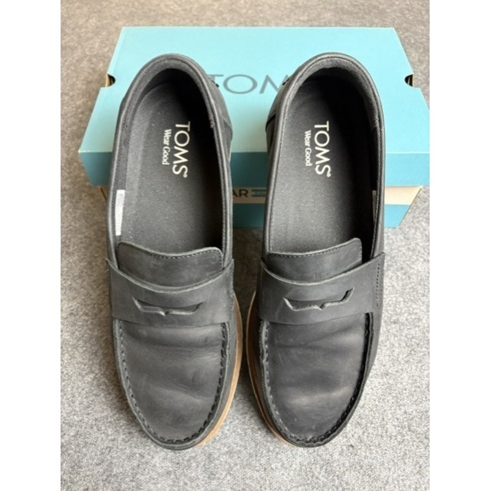 TOMS Black Leather Penny Loafers Men's Slip On Shoes Classic Casual Excellent